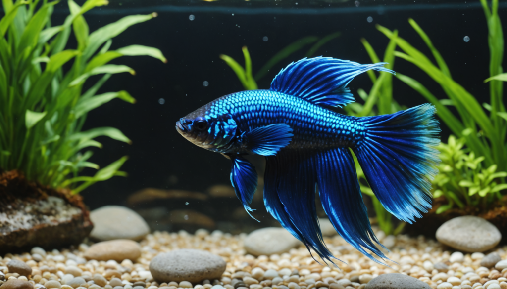 A vibrant blue betta fish, among the best fish for beginners, swims gracefully in a freshwater aquarium adorned with lush green plants and gravel stones.