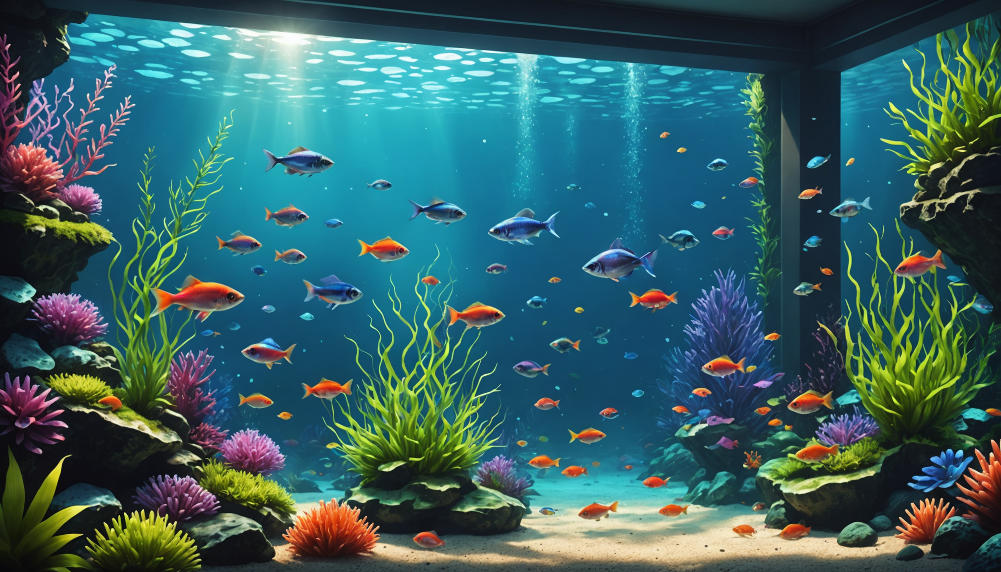 A vibrant underwater scene with colorful fish darting among rocks and various plants, illuminated by sun rays from above. These thriving tetras seem to have found the best fish food for optimal health, enhancing the lively display of nature's palette.