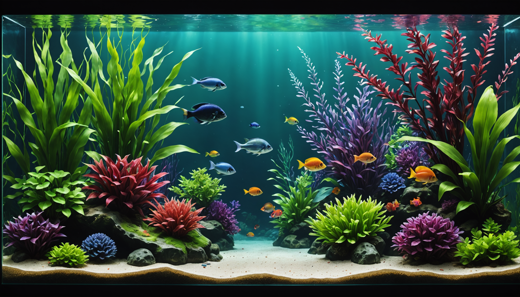 An aquarium featuring vibrant, colorful fish swimming among the best artificial plants under gentle lighting in crystal-clear water.