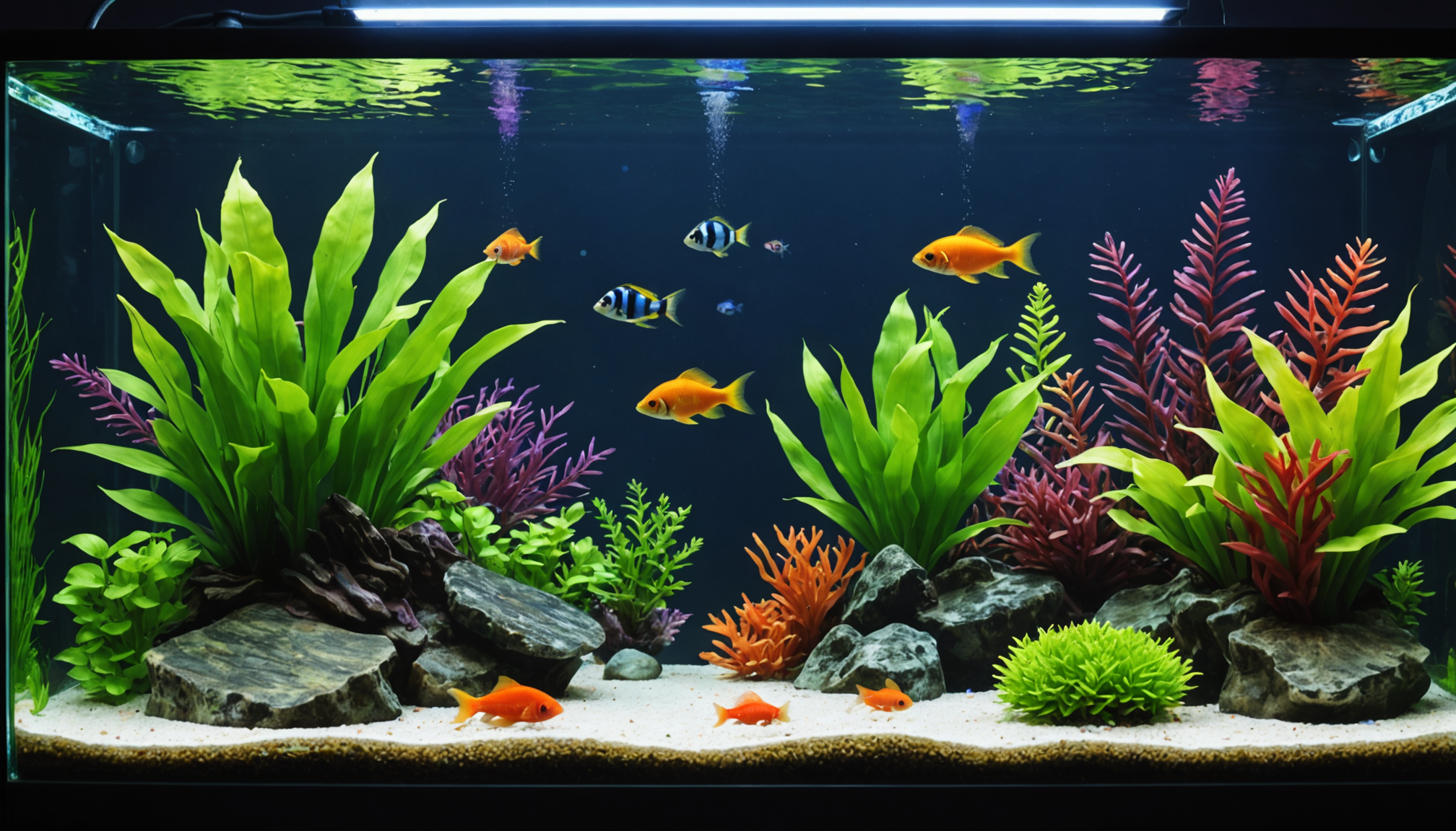 An enchanting aquarium with colorful fish gliding among green and red plants, rocks, and a white sandy bottom ensures a lively underwater world. For optimal comfort, consider the best heater for your small fish tank to maintain perfect conditions.