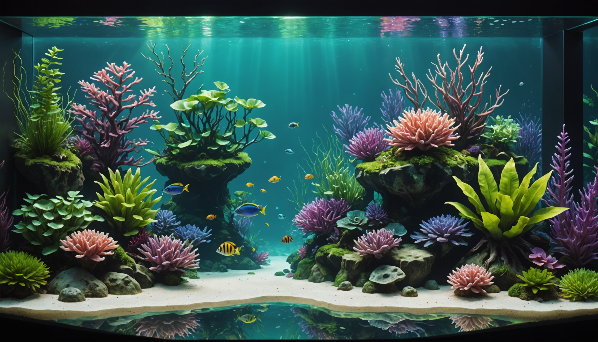 Aquarium teeming with colorful coral, vibrant fish, and the best artificial plants for aquariums, all thriving in clear water.