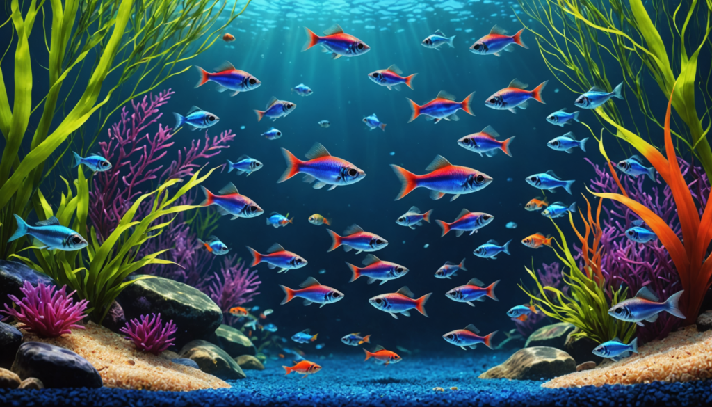 Colorful fish, including some of the best for beginners, swim gracefully in a vibrant underwater scene filled with rocks, sand, and various aquatic plants perfect for a small tank.