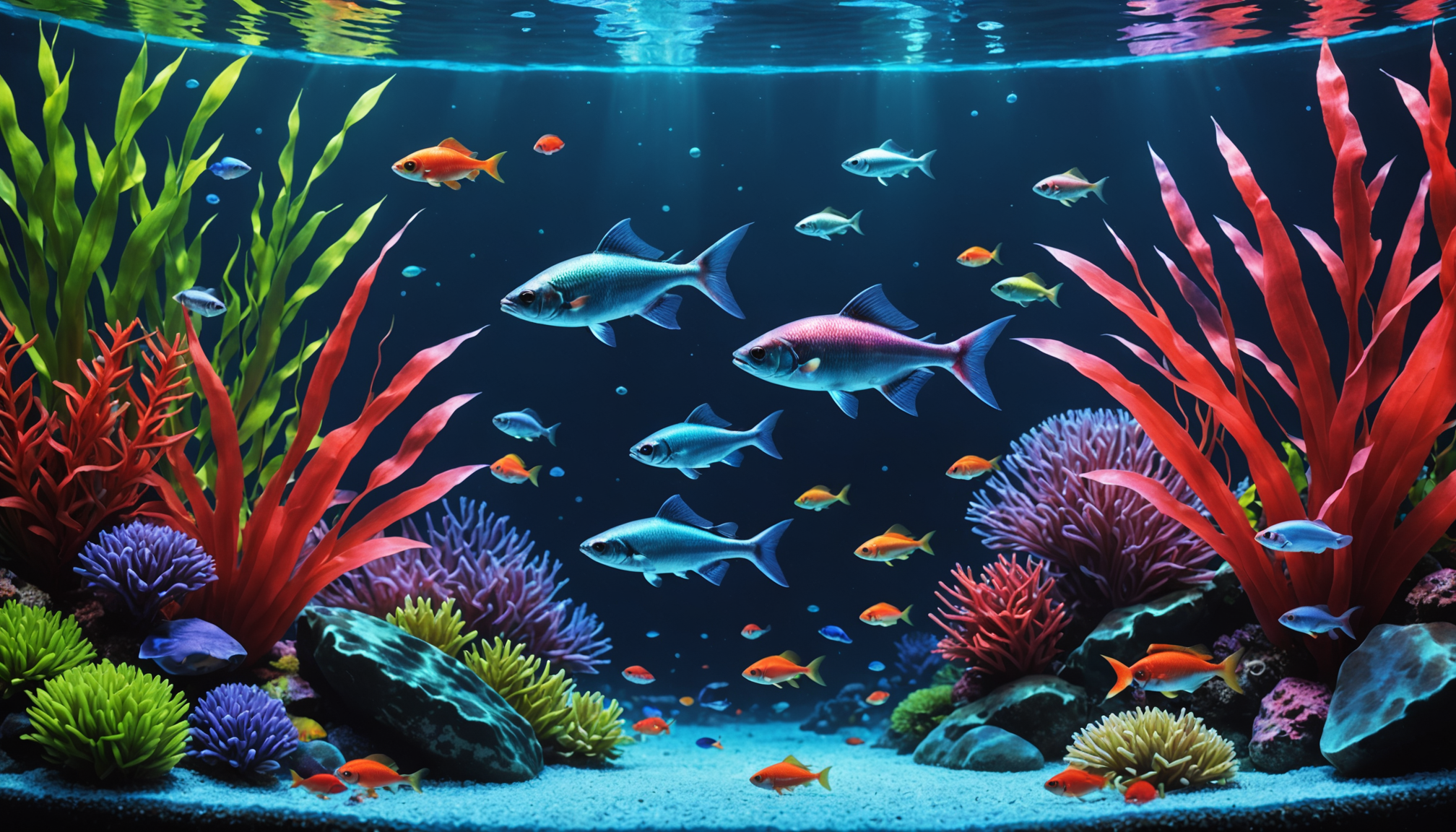 Colorful fish, nourished by the best fish food for tetras, swim among vibrant coral and sea plants in a clear underwater scene.