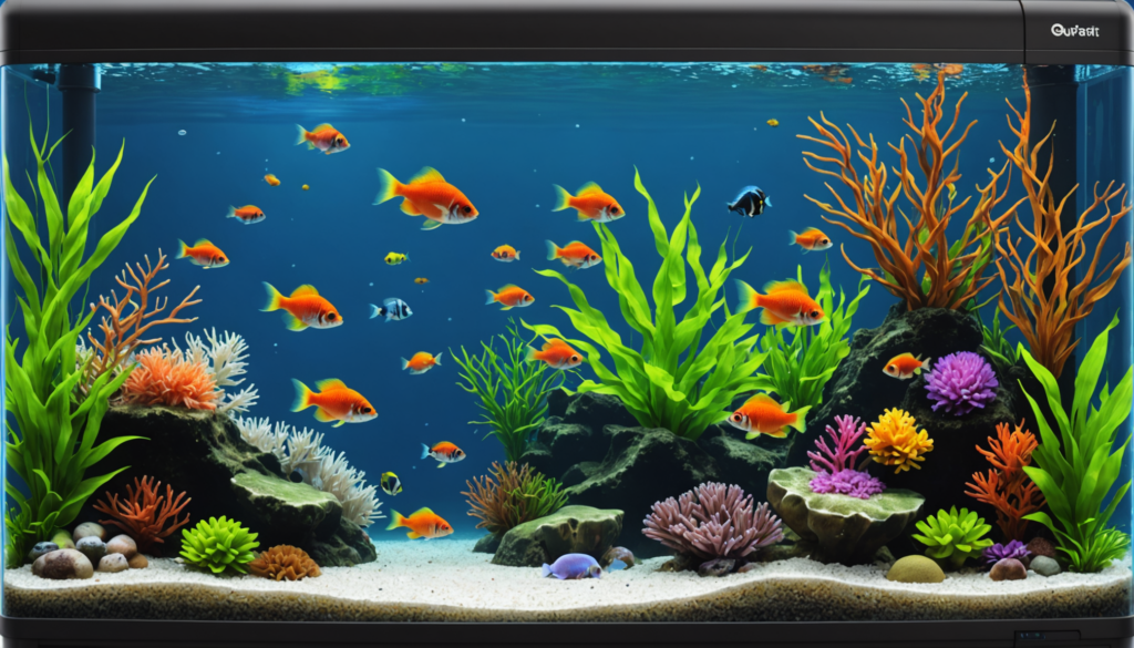 Colorful fish swim among vibrant plants and corals in a large, well-lit fish tank, thriving thanks to the best heater for small fish tanks.