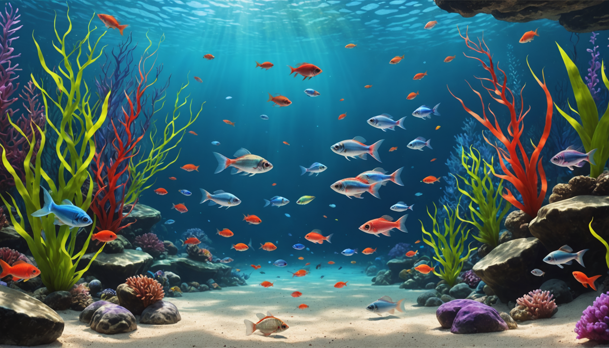 Colorful fish, thriving on the best fish food for tetras, glide among vibrant coral and plants under sunlit water.