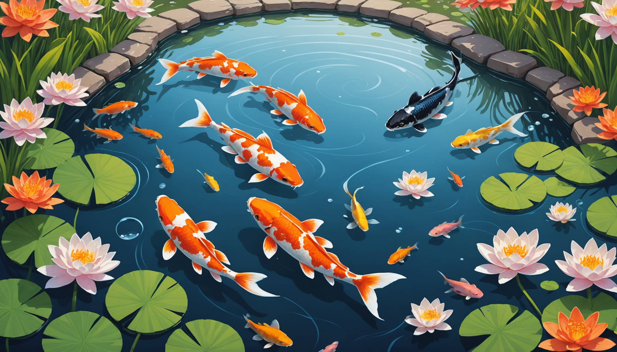 Colorful koi fish, known as some of the best fish for outdoor ponds, swim in a circular pond surrounded by lily pads and blooming water lilies, with one dark koi among the brighter ones.