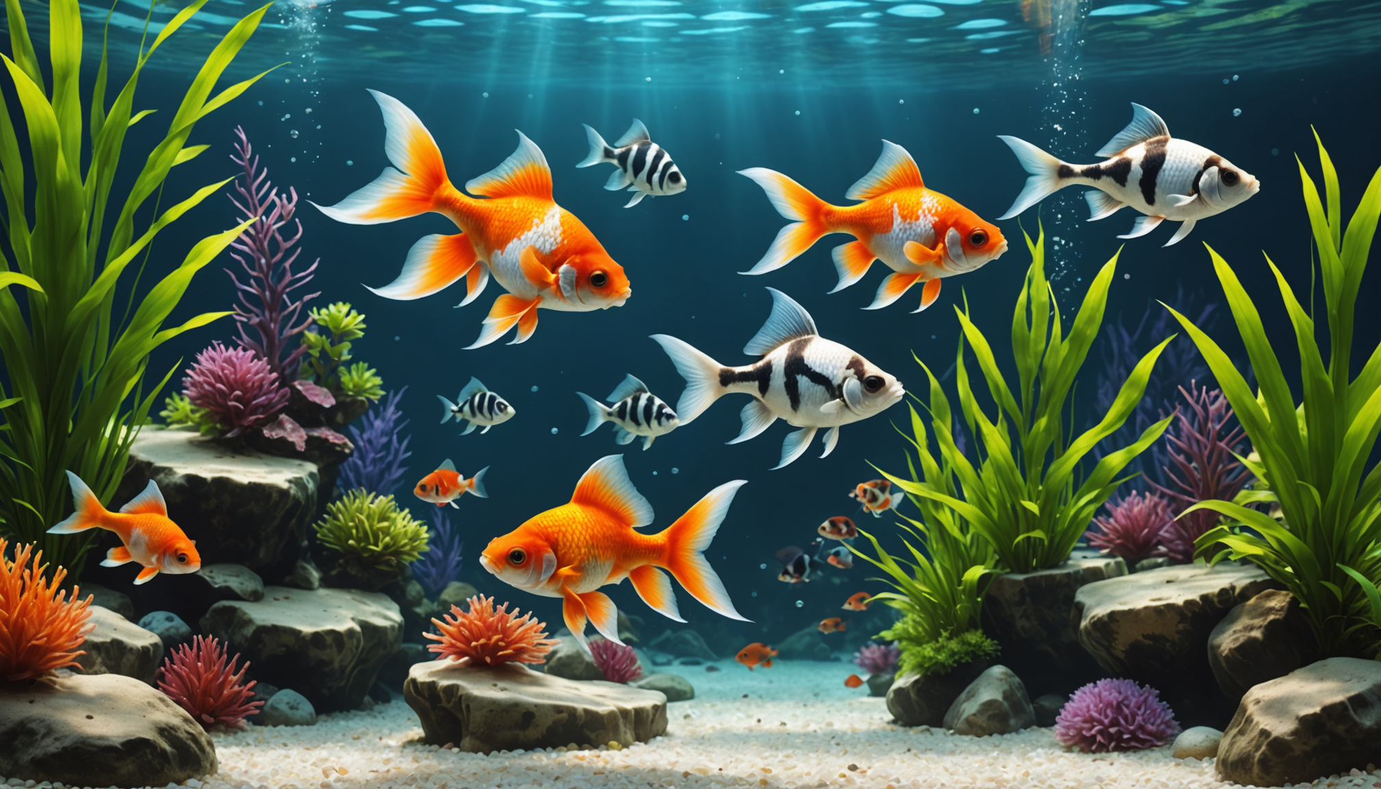 Goldfish and striped fish, some of the best choices for beginners, swim gracefully among vibrant plants and rocks in a clear aquarium under bright light.