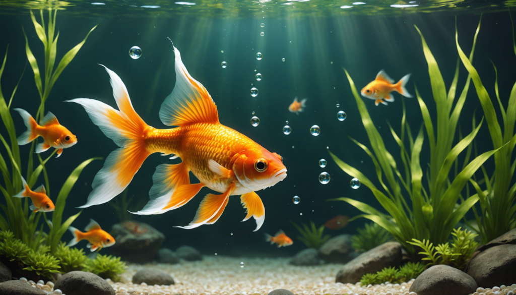 Goldfish glide gracefully in a clear aquarium adorned with pebbles and aquatic plants, bubbles gently rising to the surface. Light beams illuminate the tank, making these charming pets one of the best fish for beginners with a small tank.