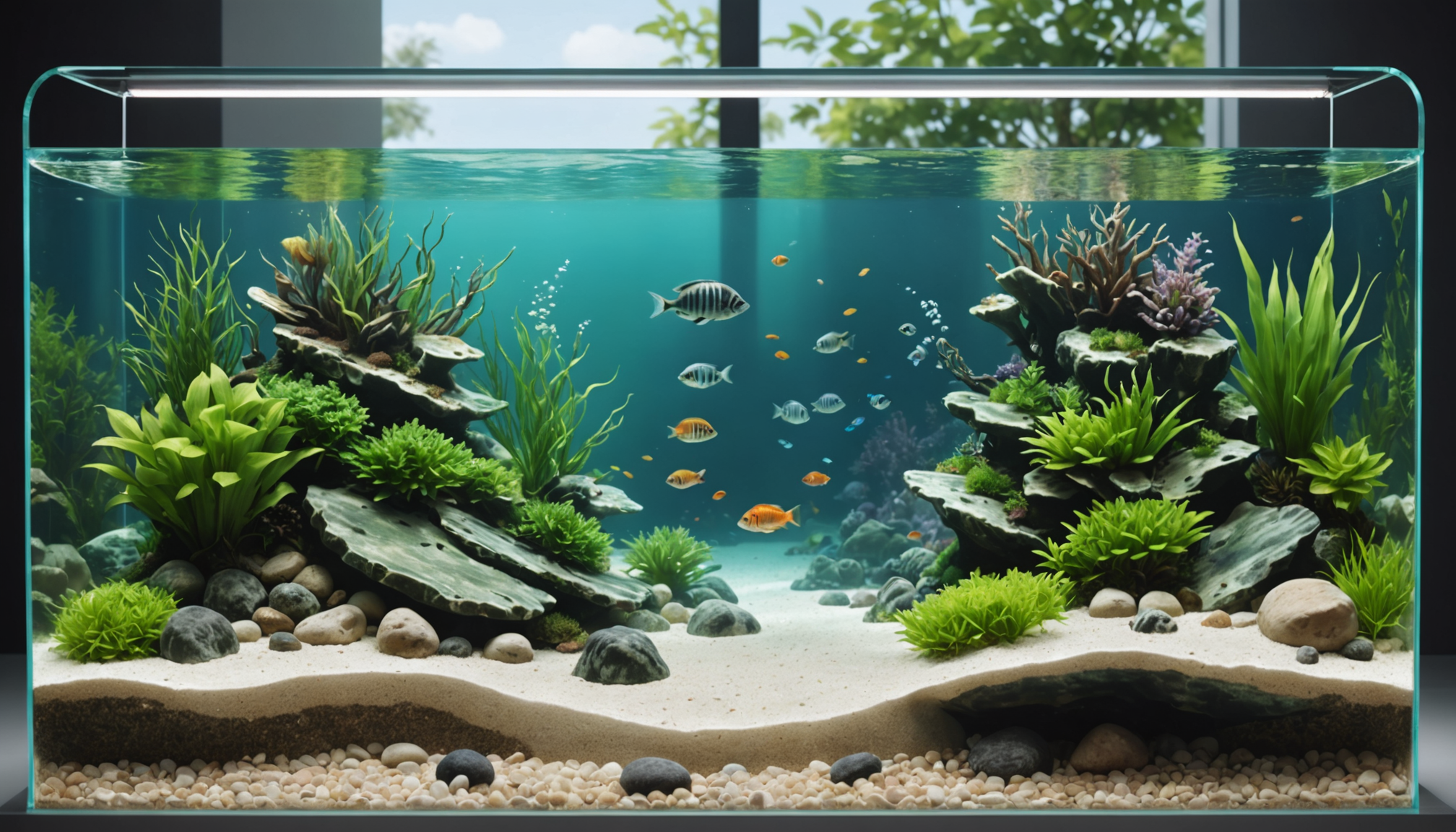 The aquarium, home to the best fish for a small aquarium, showcases colorful fish swimming gracefully among rocks, sand, and diverse aquatic plants. All set in a crystal-clear glass tank with a backdrop of lush green foliage visible through the window.